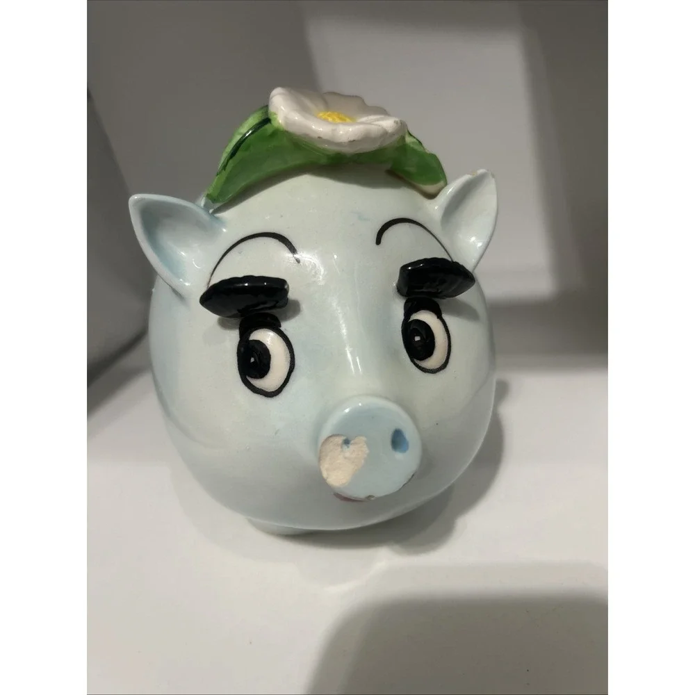 Ceramic Anthropomorphic Blue Piggy Bank Daisy Flower Long Eyelashes Vintage